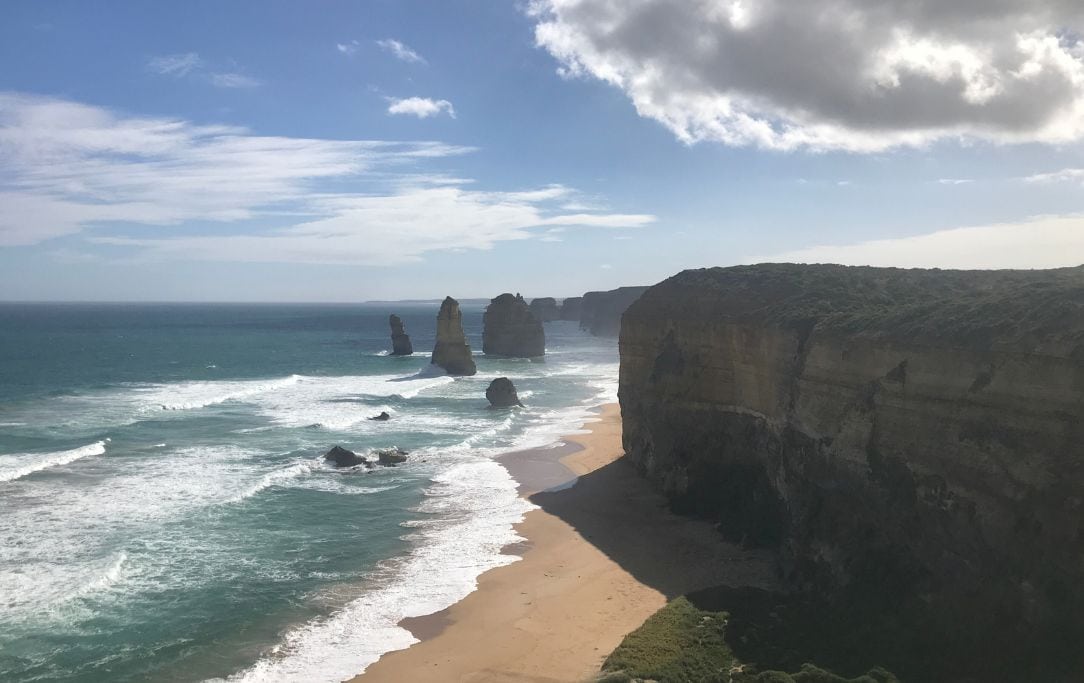 the 12 Apostles off Great Ocean Road showing the rocky outcrops from the water and cliff