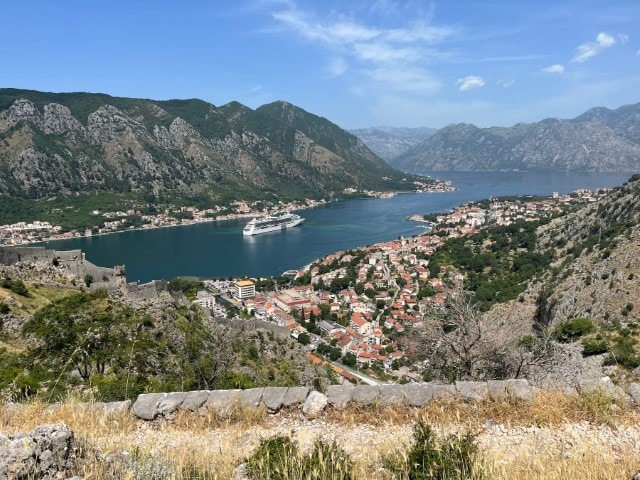 View of Kotor Bay with cruise ship anchored from fortress viewpoint in Montenegro