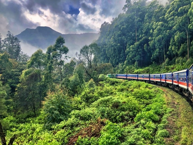 View out the window on the famous Kandy to Ella train ride through Sri Lanka's hill country of tea plantations