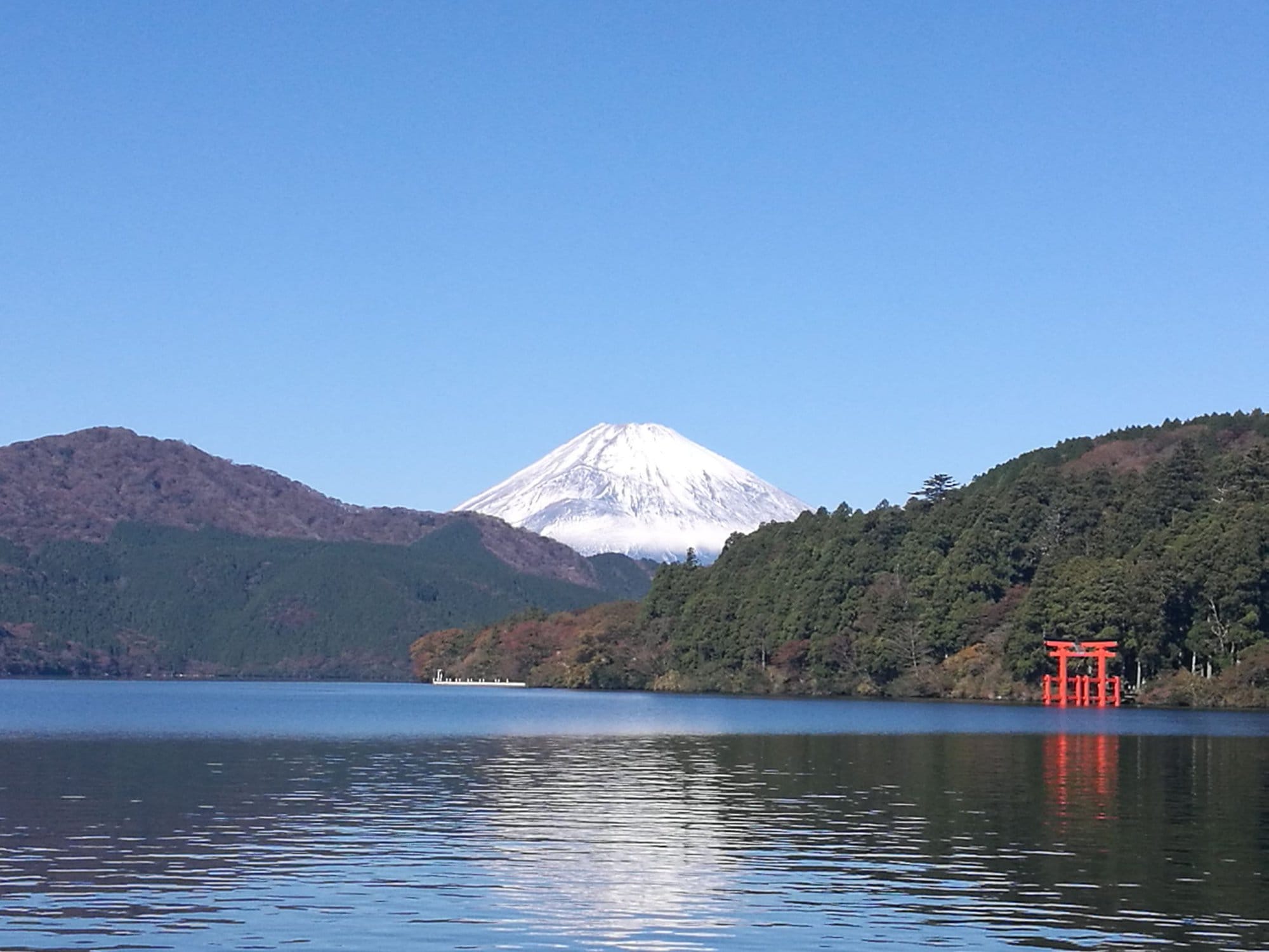 snow capped Mount Fuji, Japan with the lake in front