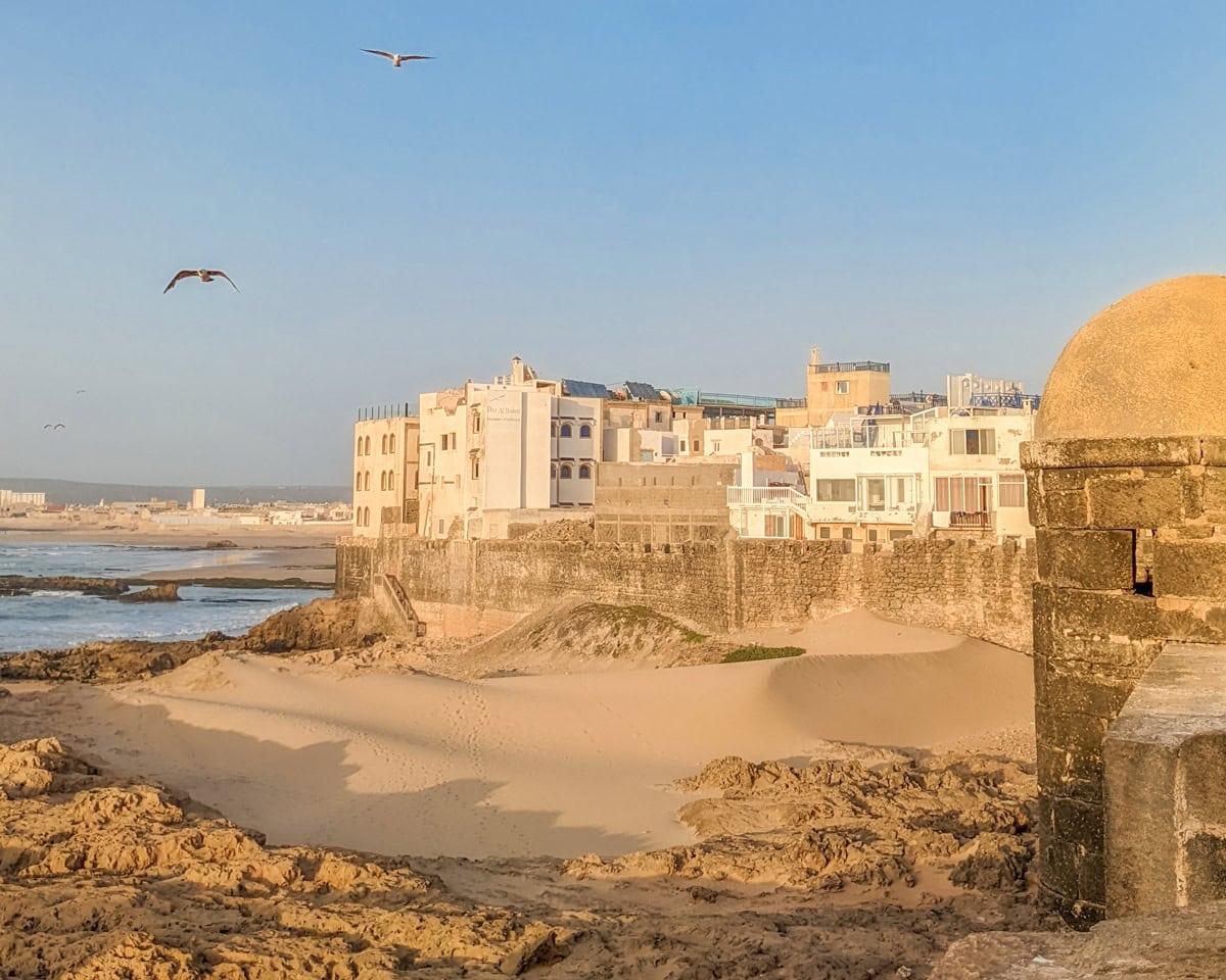 Essaouira Ramparts on top of golden sand in Morocco
