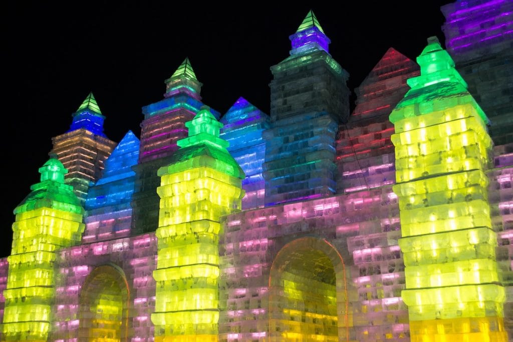 Harbin ice festival - buidling made of ice with lights inside