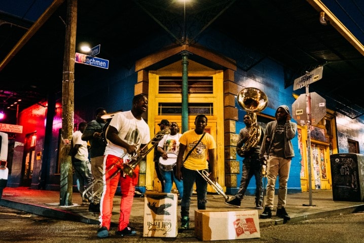 street band playing wind instruments at New Orleans Jazz Festival