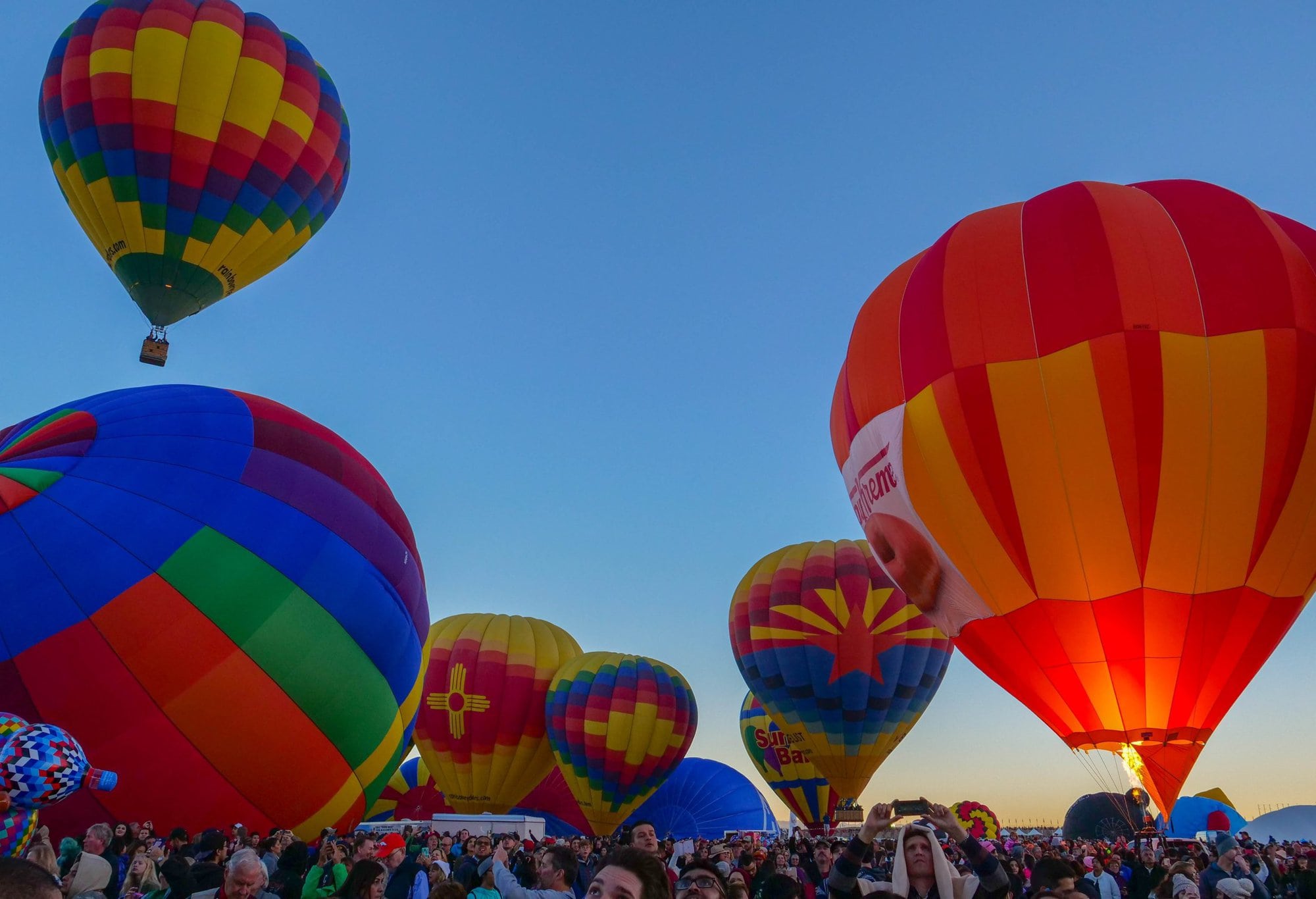 colourful hot air balloons ready for lift off at Alburquerque Balloon Fiesta