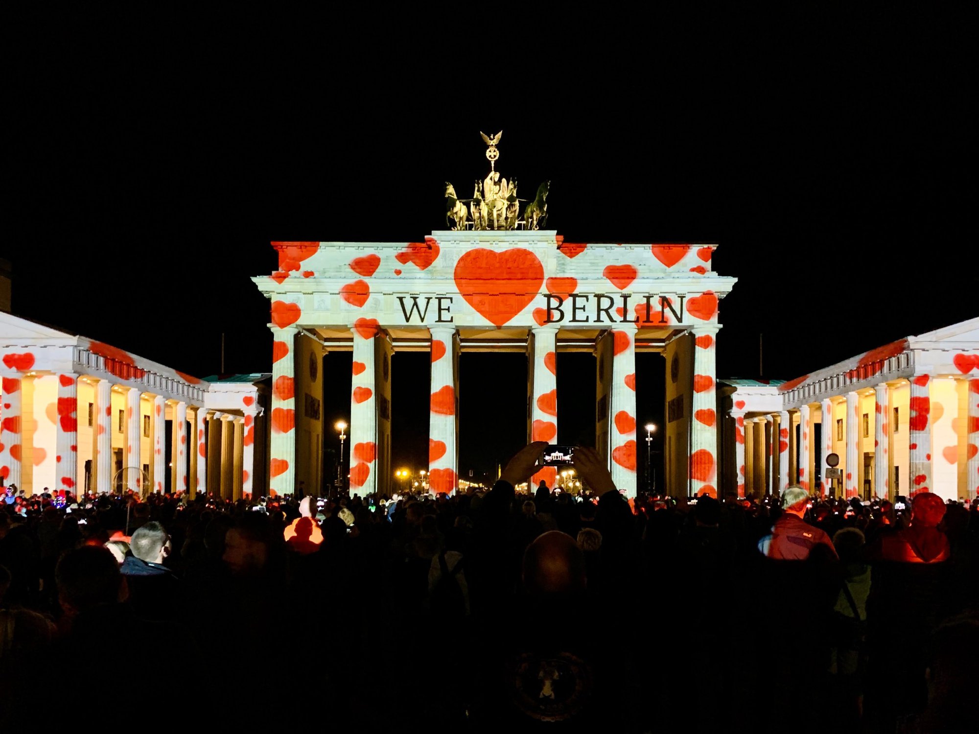 love hearts projected on monument at berlin light festival