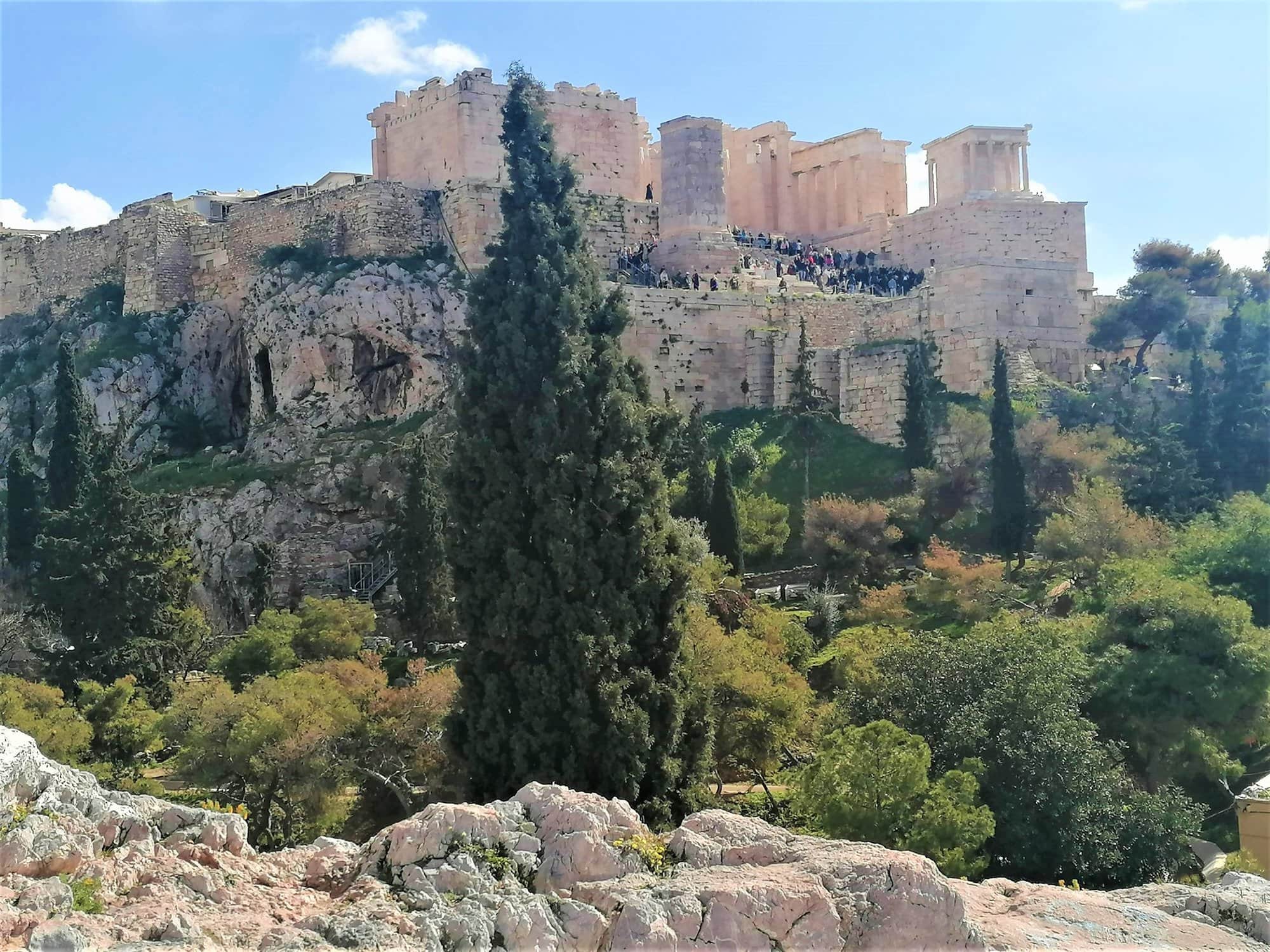 view of acropolis on hill in athens