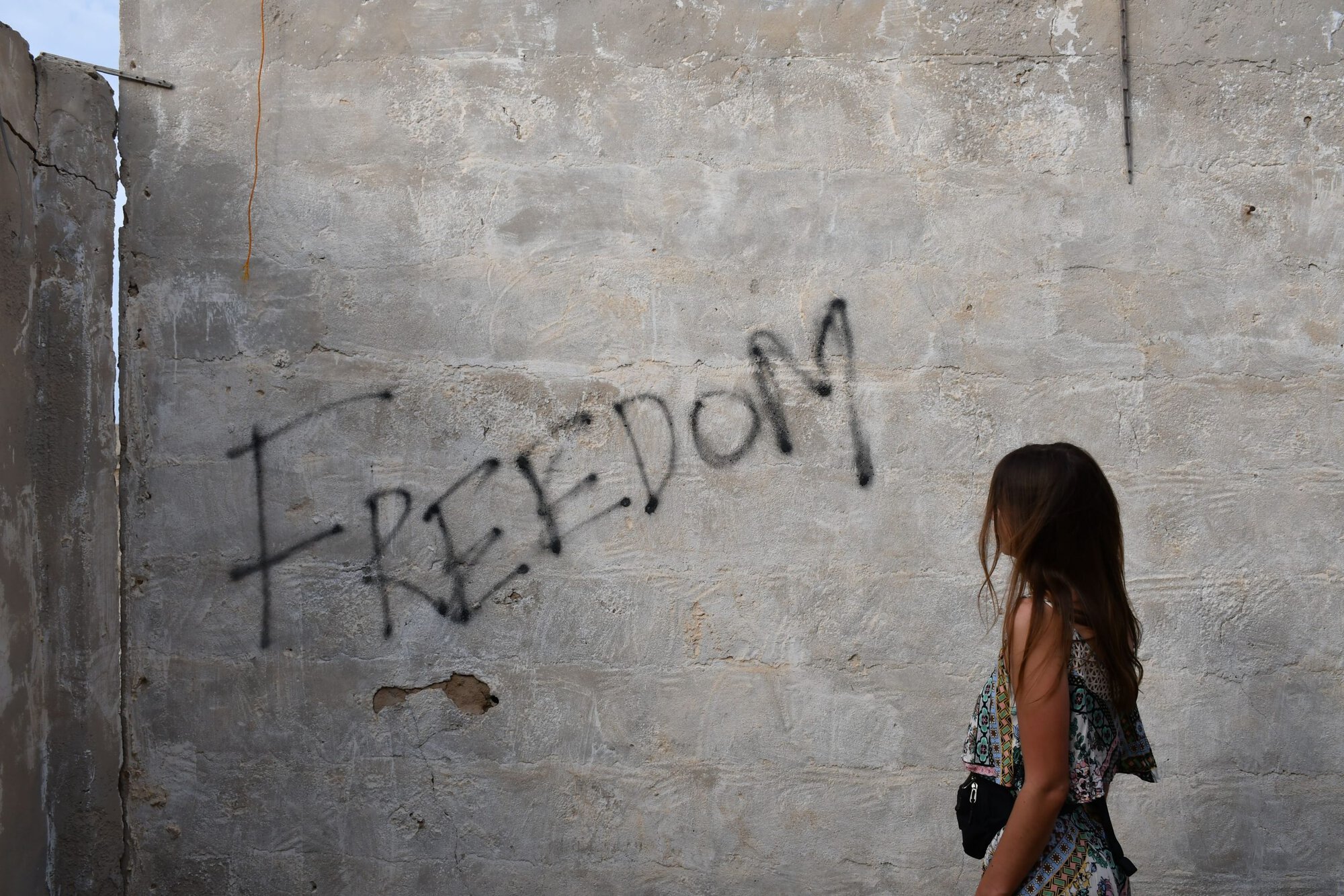 a woman looking the word 'freedom' spray painted on a concrete wall