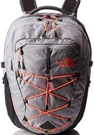 the front of our the north face borealis backpack - grey with pink straps and pink north face logo