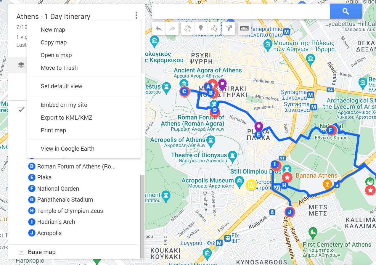 Exporting Google Maps Route Offline screenshot of map of athens with table beside