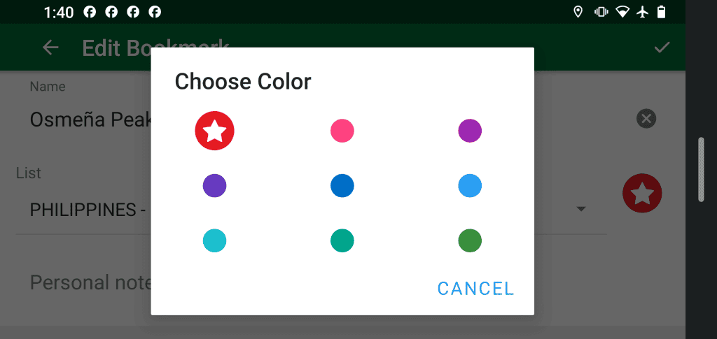 screenshot of how to edit pin colours on organic maps app