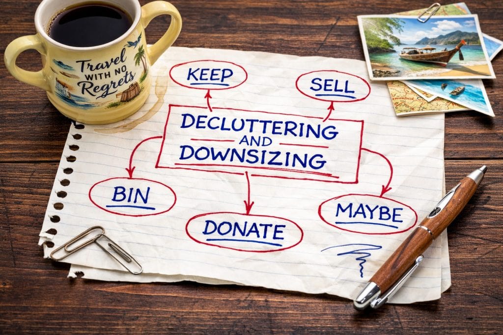 Lined notebook paper with a decluttering mind map showing keep, sell, bin, donate, and maybe options for downsizing before full-time travel.
