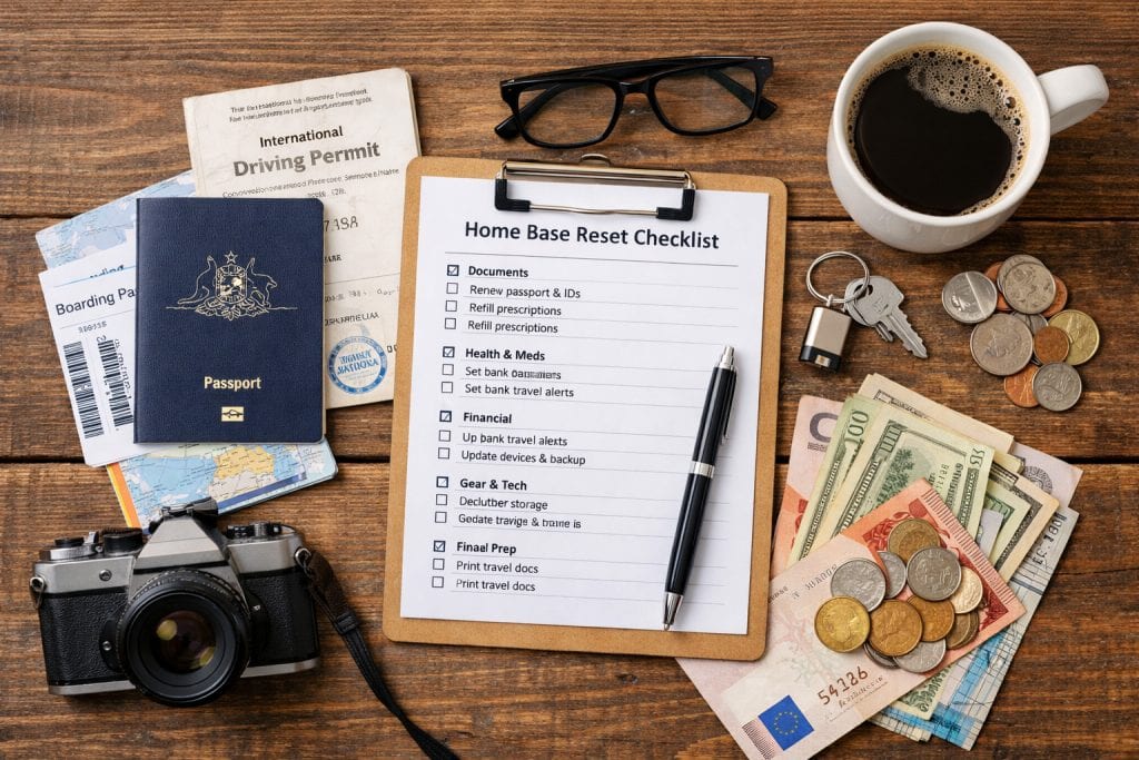 Flat lay of a travel checklist, passport, documents, and coffee before a long trip