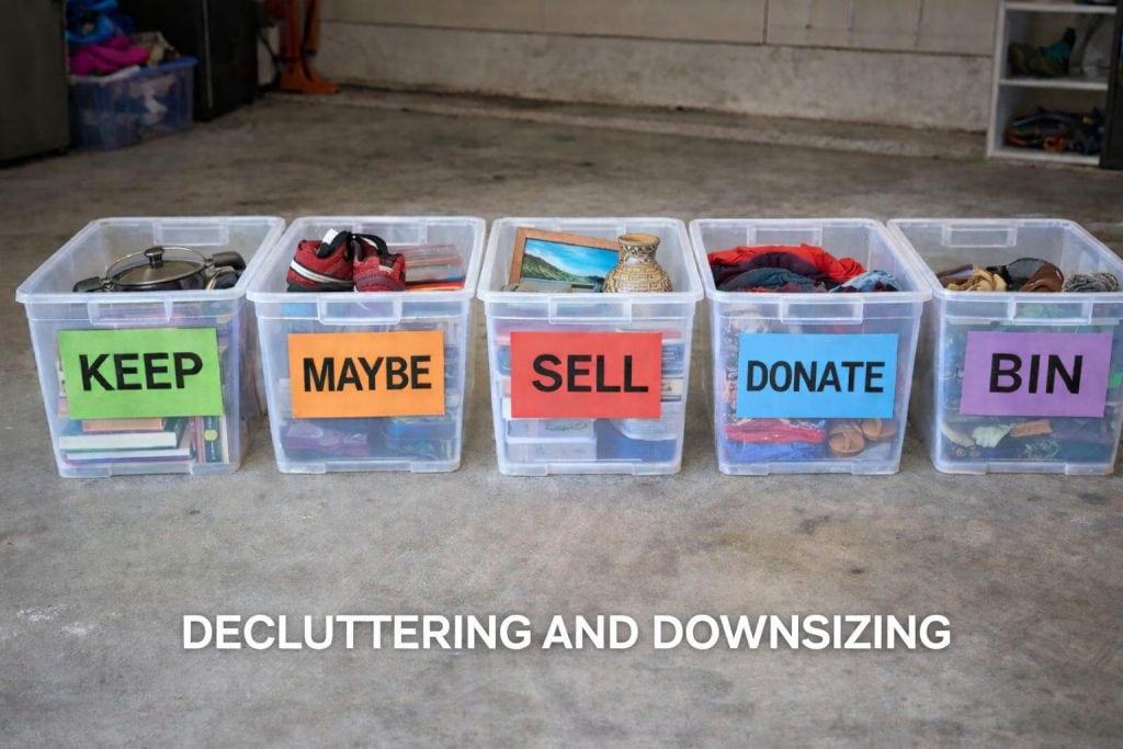 Decluttering and downsizing system with labeled storage bins for keep, maybe, sell, donate, and bin categories during preparation for long-term travel.