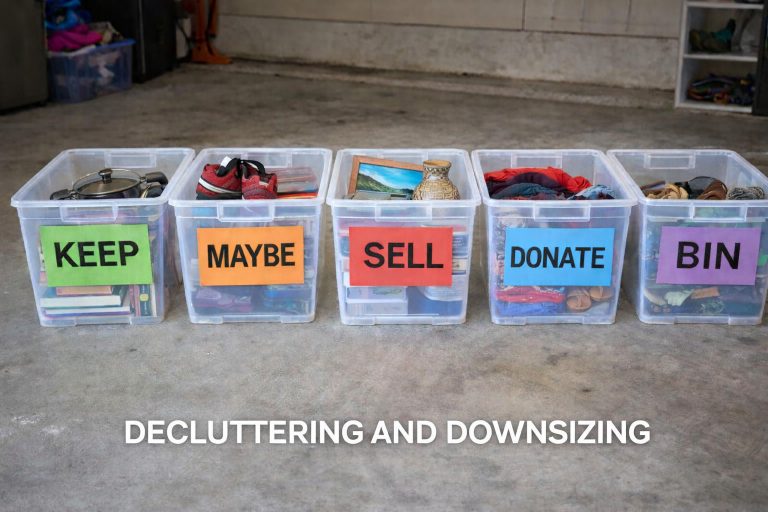 Decluttering and downsizing system with labeled storage bins for keep, maybe, sell, donate, and bin categories during preparation for long-term travel.