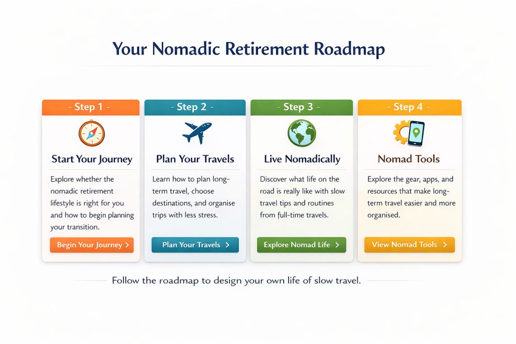Nomadic Retirement Travel roadmap showing four steps: Start Your Journey, Plan Your Travels, Live Nomadically, and Nomad Tools