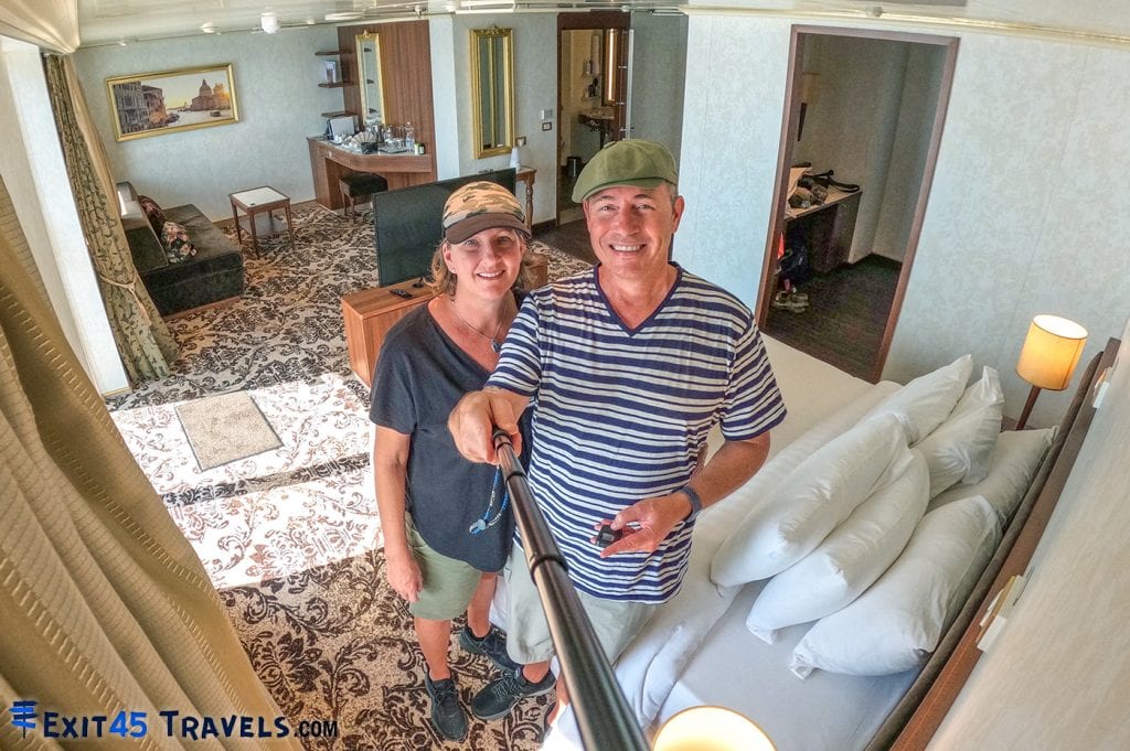 Spacious cruise ship suite showing luxury accommodation comparison while travelling full time