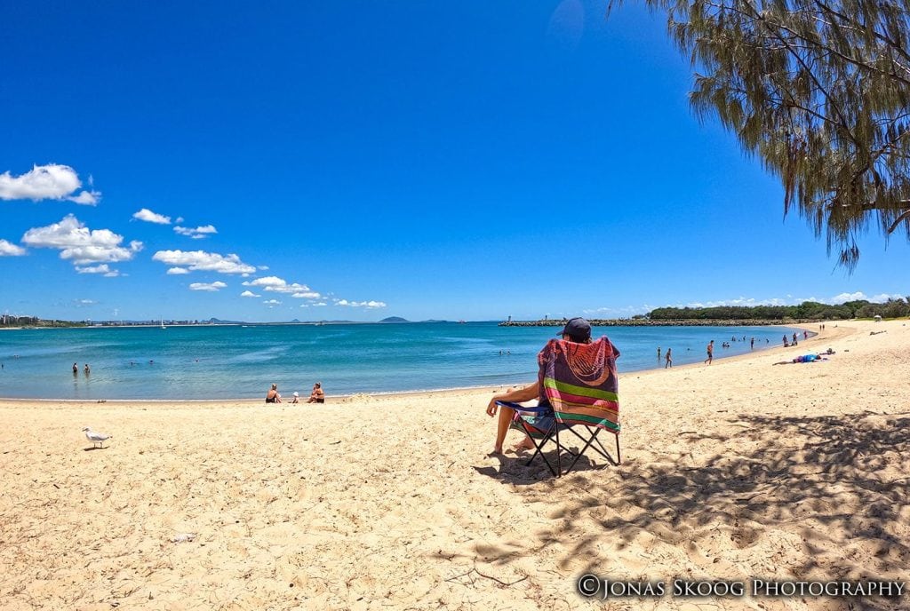 Relaxing beach view in Mooloolaba showing one side of full-time travel lifestyle