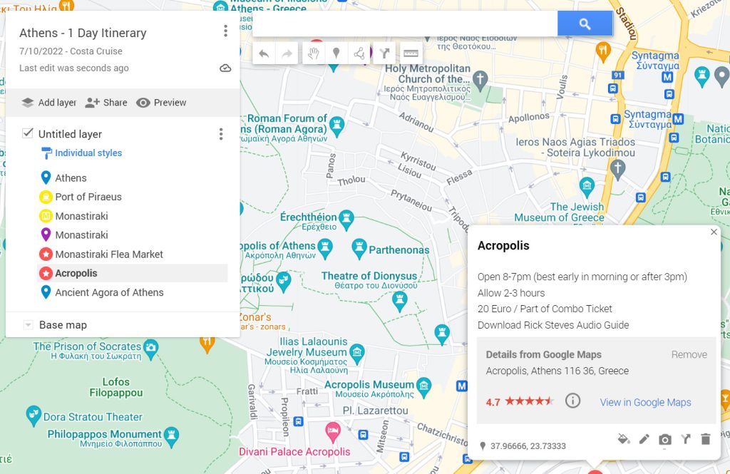 Travel planning using Google My Maps showing the planning side of full-time travel