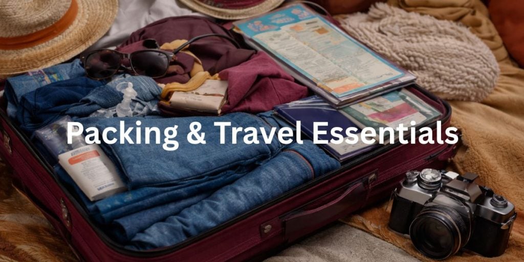 Travel packing essentials on a tropical beach including wheeled duffel bag, sandals, camera, laptop, snorkel and charging hub