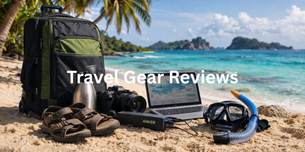Travel gear setup with suitcase, camera, snorkel gear and sandals on a tropical beach ready for review