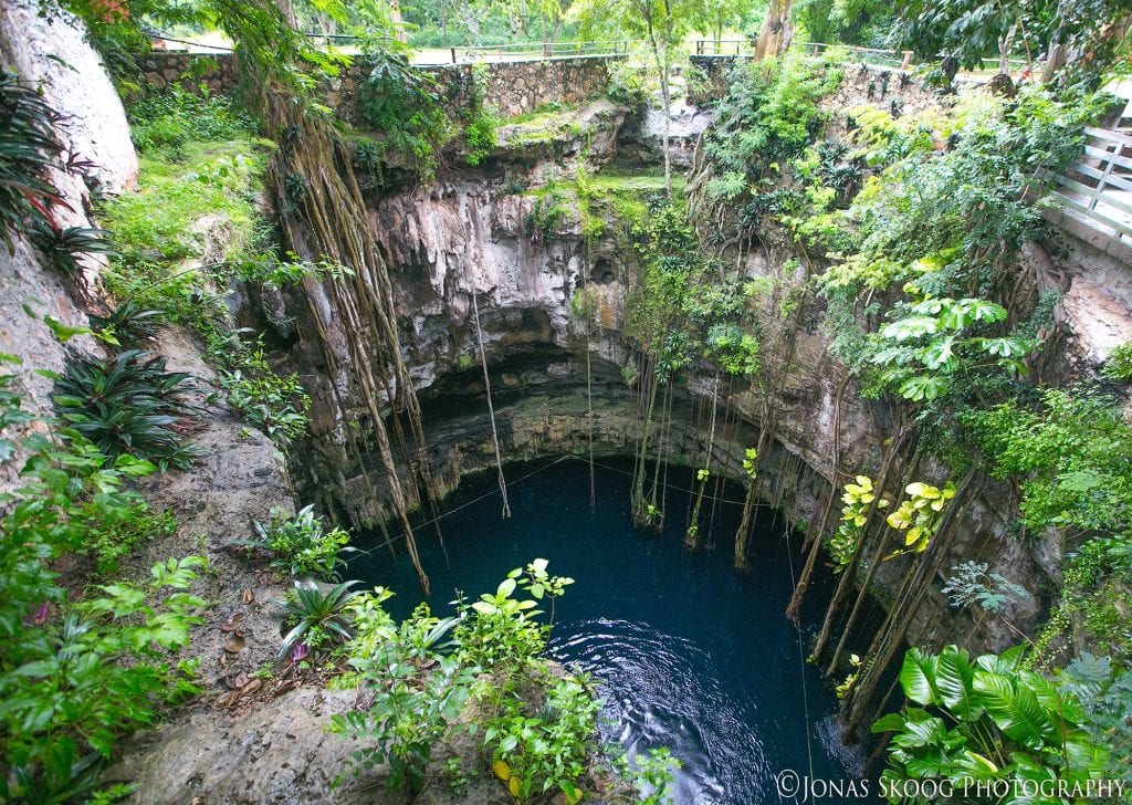 Cenote San Lorenzo Oxman near Valladolid surrounded by greenery and water below