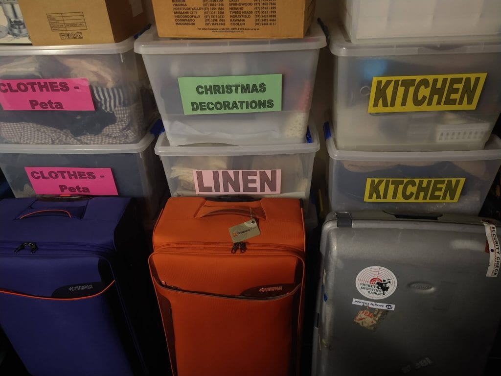 Stored belongings and suitcases showing transition into full-time travel lifestyle costs