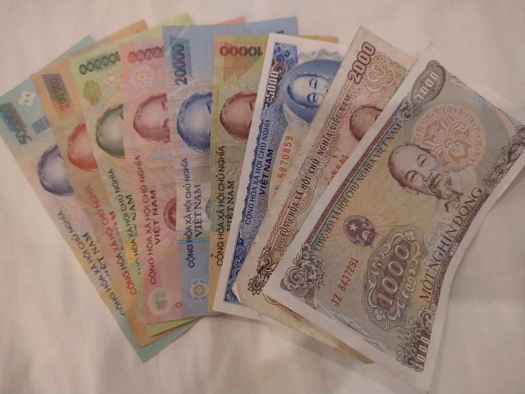 Vietnamese currency showing lower cost of living for full-time travel in Southeast Asia