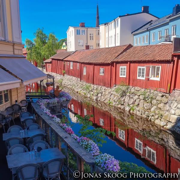 Canal and traditional houses in Västerås, Sweden, a quiet slow travel destination