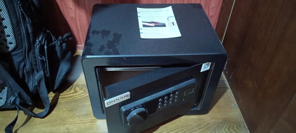 Hotel safe that can be removed, highlighting why travellers should check accommodation security.