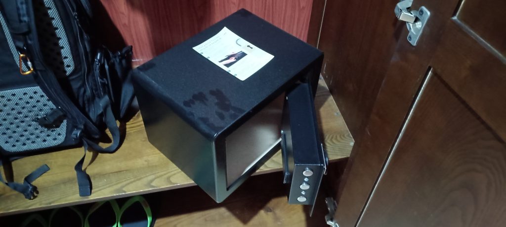 Hotel safe removed from the cupboard, demonstrating why not all in-room safes provide the same security.